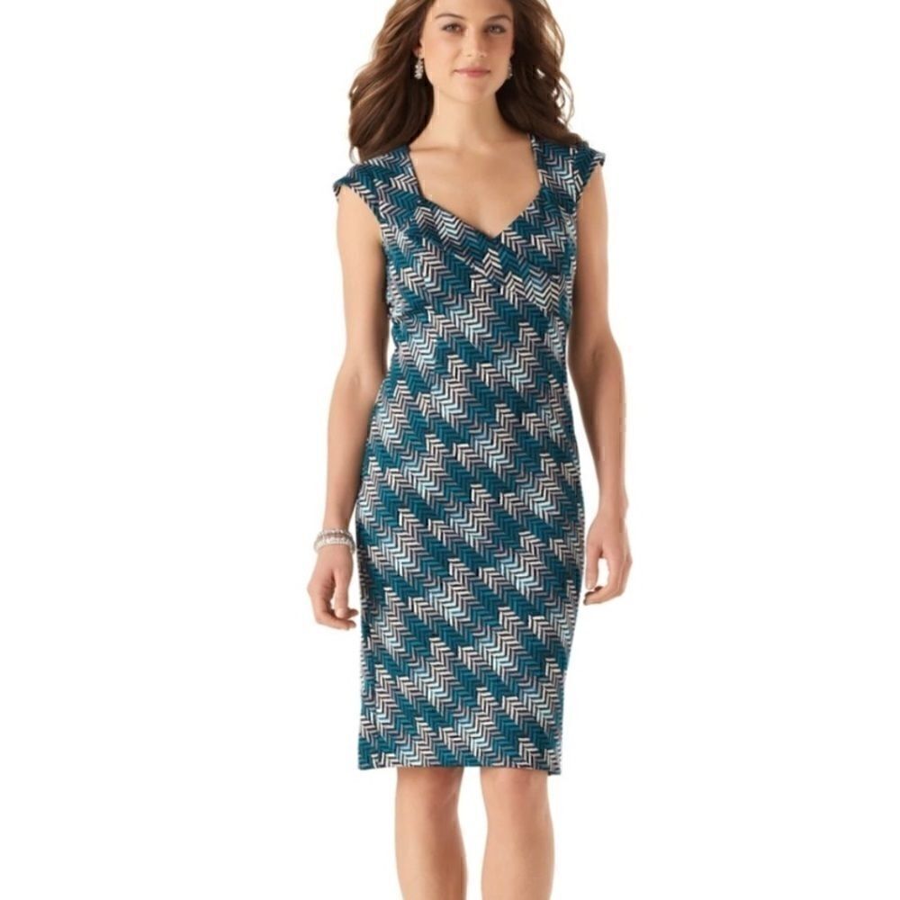 White House Black Market - Teal Geometric Herringbone Lined Dress - 0